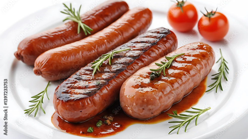 Yummy sausages with Fiorentina steak, nice presentation, white background
Yummy sausages with Fiorentina steak, nice presentation, white background