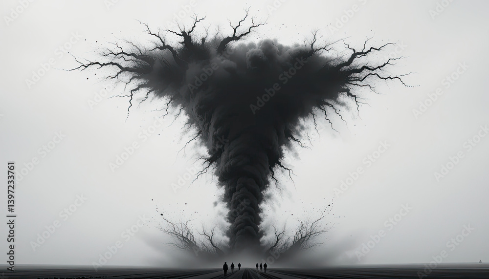 Fototapeta premium dramatic tornado like formation emerges from ground, surrounded by desolate landscape