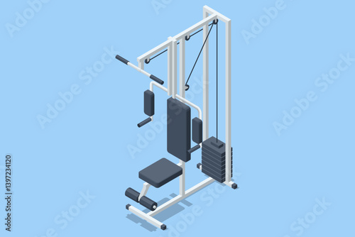 Multifunctional Gym Strength Machine. Isometric illustration of multifunctional gym equipment for strength training. Fitness machine for weightlifting, bodybuilding, and muscle workouts in a gym.