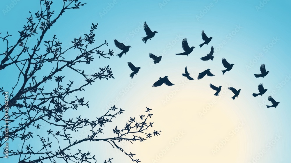 Fototapeta premium Silhouette birds taking flight from a tree branch at dawn.