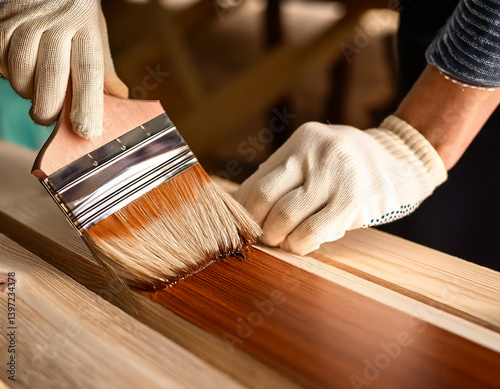 Una brocha pintando o barnizando una tabla con barniz para protección de la madera