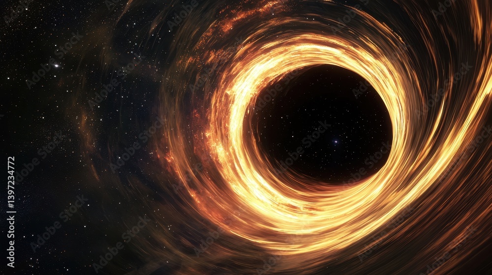 Obraz premium Cosmic Black Hole Surrounded by Fiery Light and Stars in Space