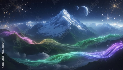 Enchanting Night Scene Magical Rainbow Streams Flowing Over Mystical Mountains Under a Starry Sky