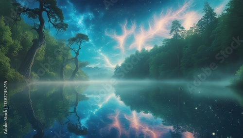 Enchanting Mystical Forest Lake at Night Starry Sky Magical Reflection Fantasy Landscape