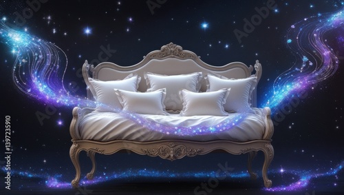 Elegant Ornate Bed with Soft Pillows Magical Stardust Night Sky Dreamy Sleep