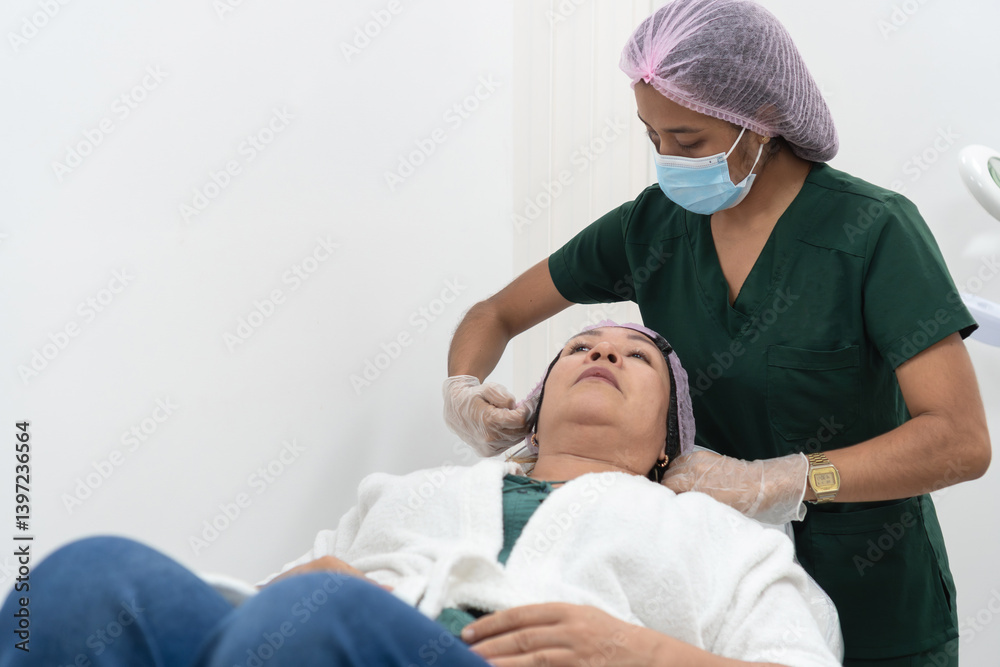 Obraz premium Beautician preparing patient for facial treatment in beauty clinic