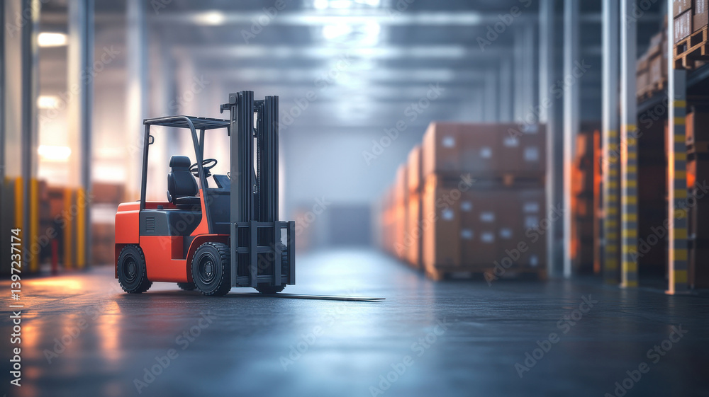 Blocked forklift path by tariffs and regulations icons, logistics delay visual metaphor, Blocked forklift path by tariffs and regulations icons, logistics delay visual metaphor,