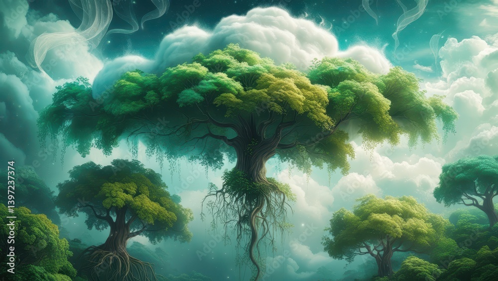 Fototapeta premium Enchanting Fantasy Forest Giant Tree Floating Among Clouds Dreamlike Landscape