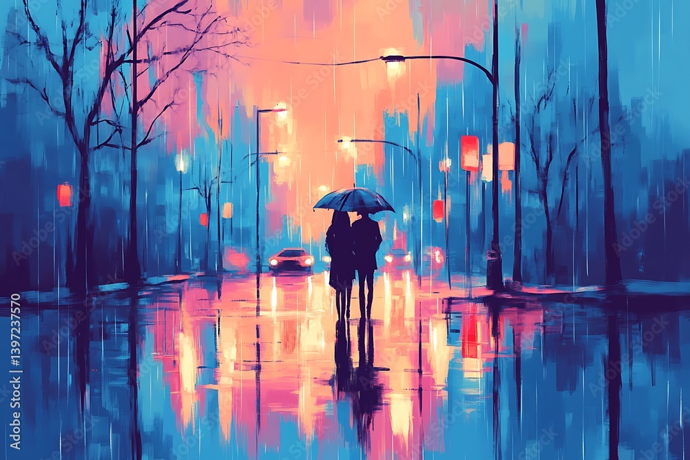 Obraz premium A couple walks down a street under an umbrella in rain