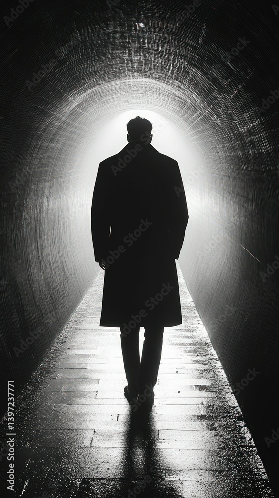 Silhouette walks toward the light in tunnel Silhouette walks toward the light in tunnel