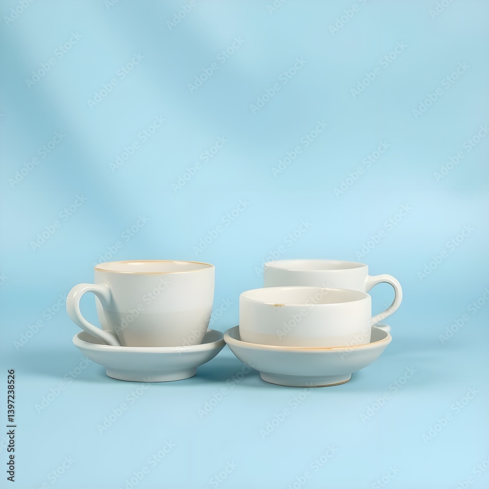 A soft blue background with simple ceramic props. The props are minimalistic cups and bowls, creating a calm atmosphere. It creates a cafe or studio atmosphere. A soft blue background with simple ceramic props. The props are minimalistic cups and bowls, creating a calm atmosphere. It creates a cafe or studio atmosphere.