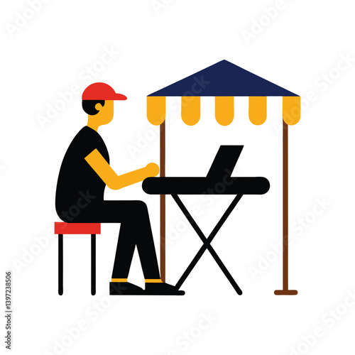 street musician playing under cap awning on laptop.