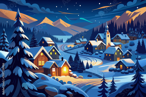 vector of Winter night landscape with village under snow in foreground and forest in background. Photography of handmade painting. Can be used as a Christmas gift