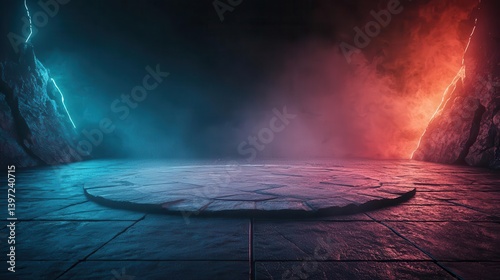 Underground cyber arena where cybernetically enhanced fighters battle in a hightech gladiator ring