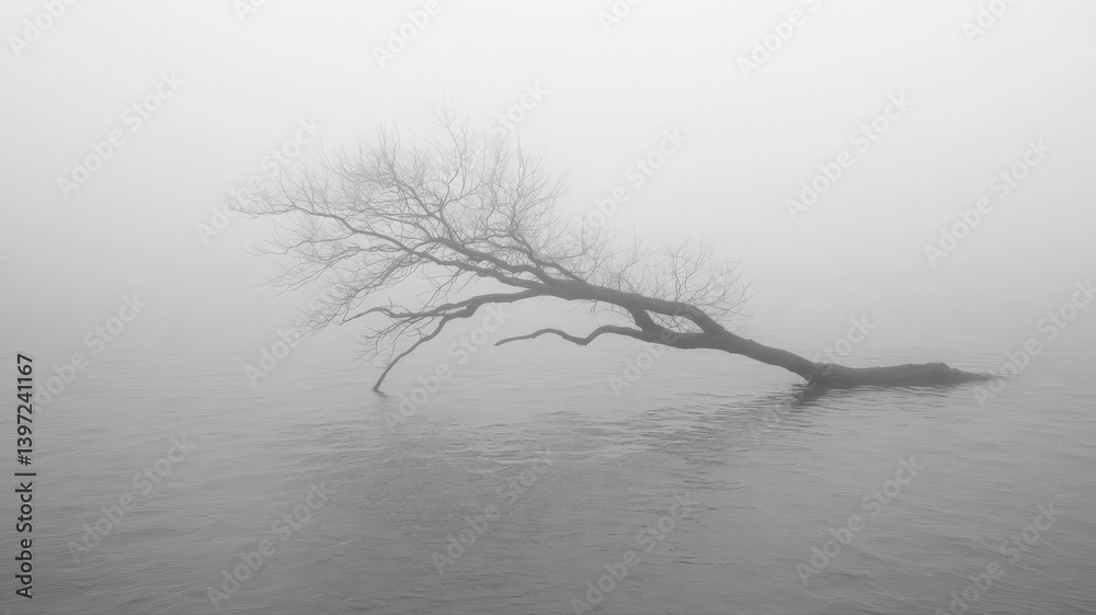 Obraz premium Solitary Tree in Misty Lake: Monochromatic Nature Photography