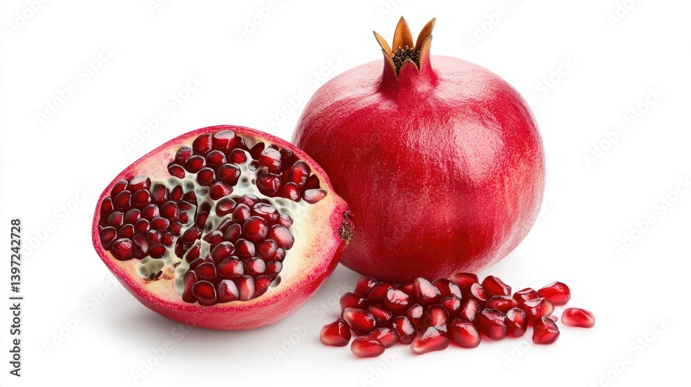 Fresh Pomegranate Fruit with Seeds on White Background for Healthy Food Promotions Fresh Pomegranate Fruit with Seeds on White Background for Healthy Food Promotions