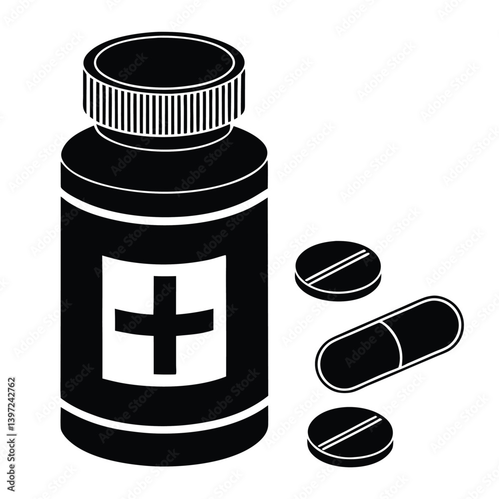 Flat Healthcare Icon of a Medicine Bottle Silhouette Flat Healthcare Icon of a Medicine Bottle Silhouette