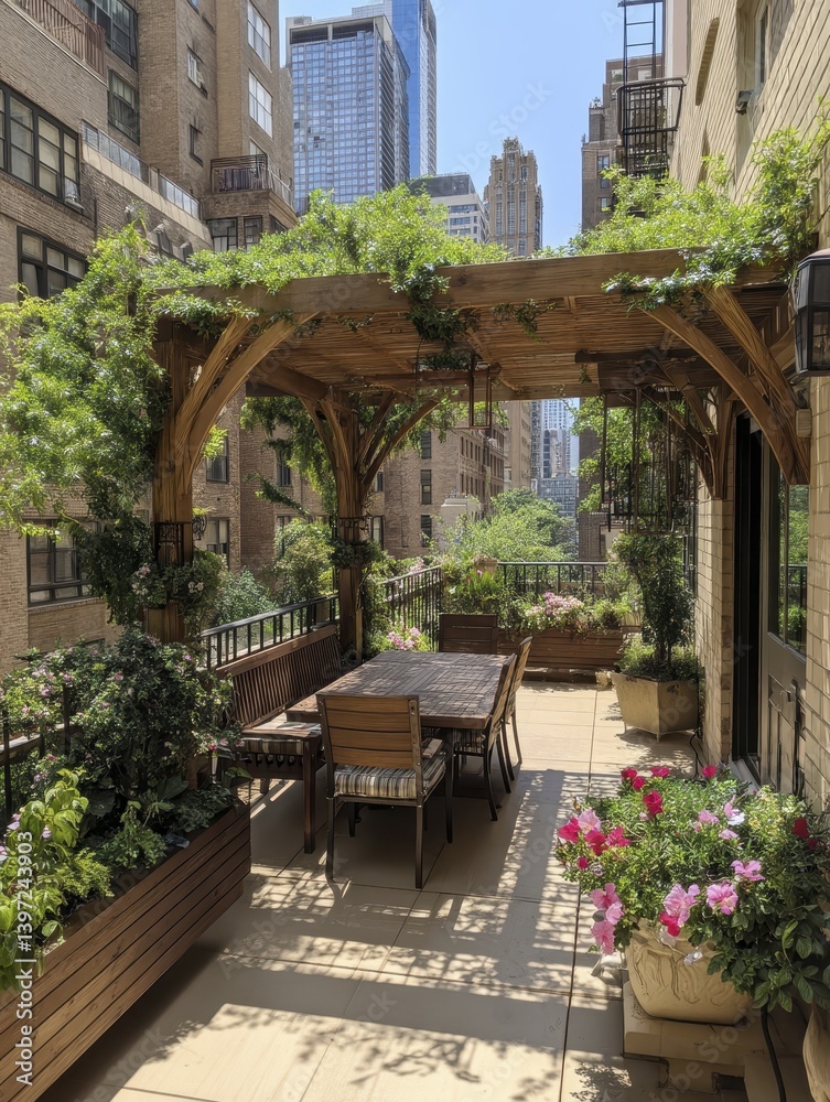 Fototapeta premium Vibrant green rooftop garden, lush vegetation, sustainable urban design - gardening healthy oasis plants eco-friendly