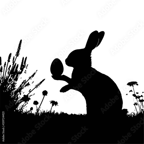 Easter Bunny Holding Egg in Grassy Field - Silhouette Vector