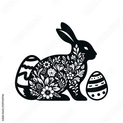 Floral Patterned Easter Bunny with Eggs - Vector Design