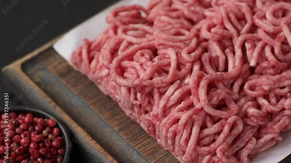 Ground beef mince fresh raw with salt and spices. Ground beef is an ingredient for making burger patties