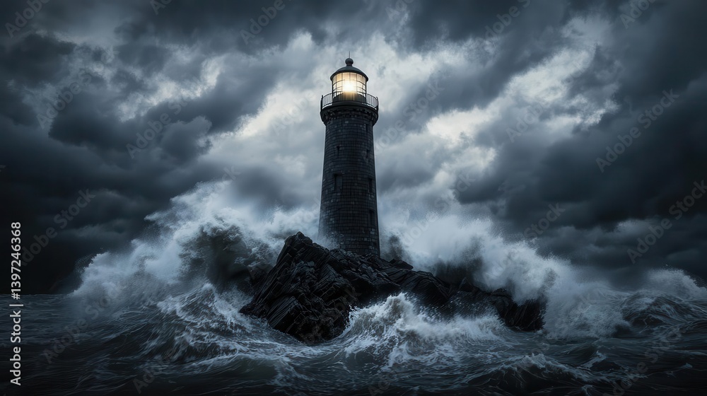 Mysterious medieval lighthouse on a stormy coastline, waves crashing against jagged rocks, glowing beacons guiding lost ships Mysterious medieval lighthouse on a stormy coastline, waves crashing against jagged rocks, glowing beacons guiding lost ships