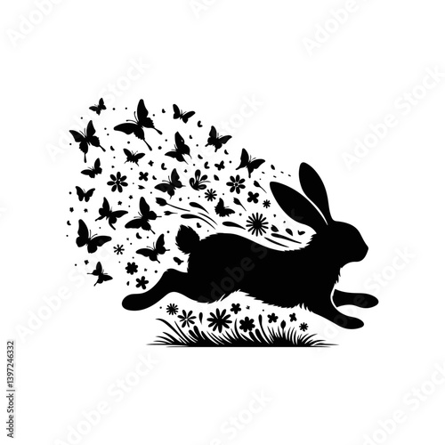 Running Bunny with Butterflies - Vector Illustration