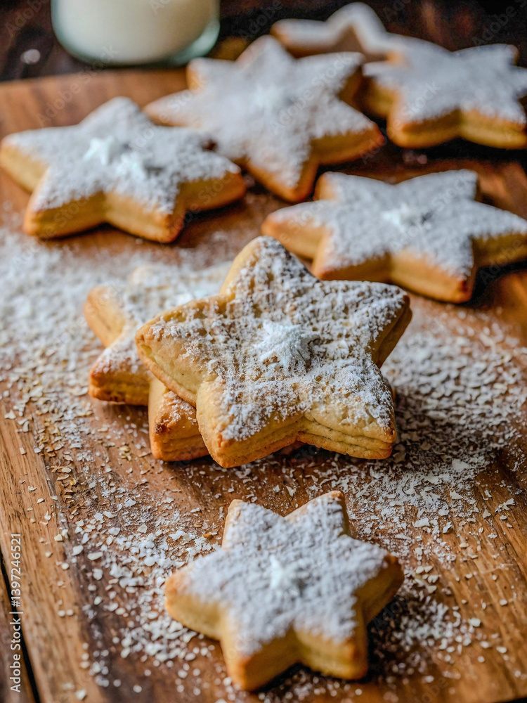 Cookies dusted with powdered sugar on parchment paper, surrounded by star-shaped cookie cutters on a wooden table. Cookies dusted with powdered sugar on parchment paper, surrounded by star-shaped cookie cutters on a wooden table.