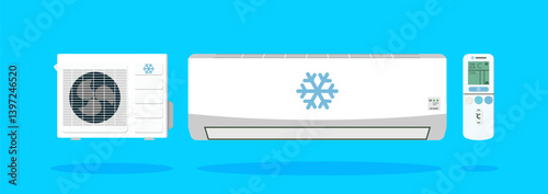 Air conditioner inverter technologies for freshness, cooling and remote control to save energy and improve ambient comfort with snowflake symbol, vector design