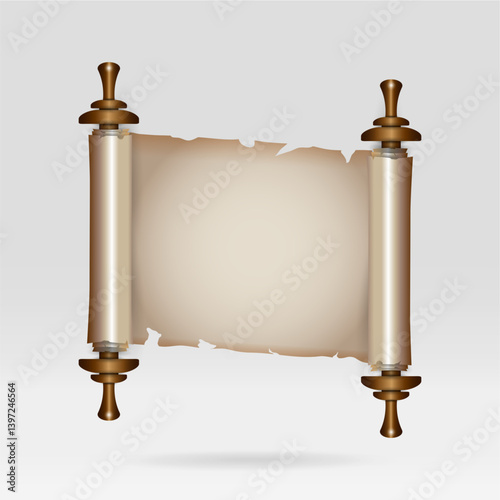 Old rolled parchment scroll for text message with empty copy space, fantasy letter design element in flat style for wedding invitation or medieval manuscript.