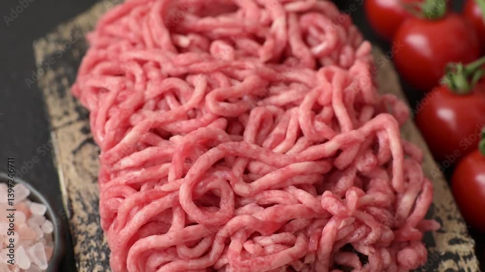 Ground beef mince fresh raw with salt and spices. Ground beef is an ingredient for making burger patties Ground beef mince fresh raw with salt and spices. Ground beef is an ingredient for making burger patties