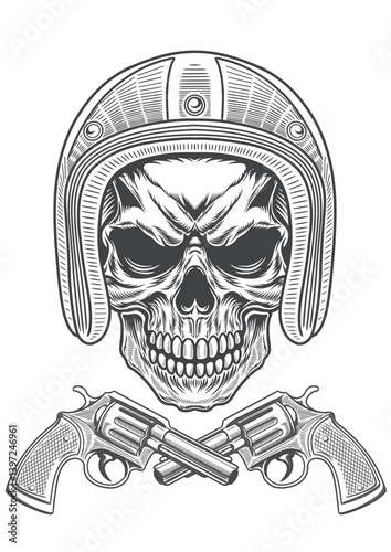 Skull in hustle art style with wearing helmet 57b - BW r2