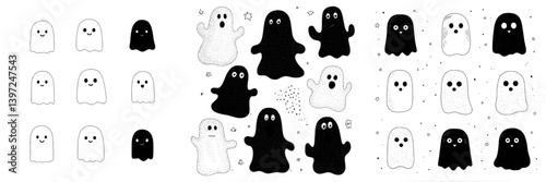 Collection of spooky ghost hand-drawn black silhouette artwork