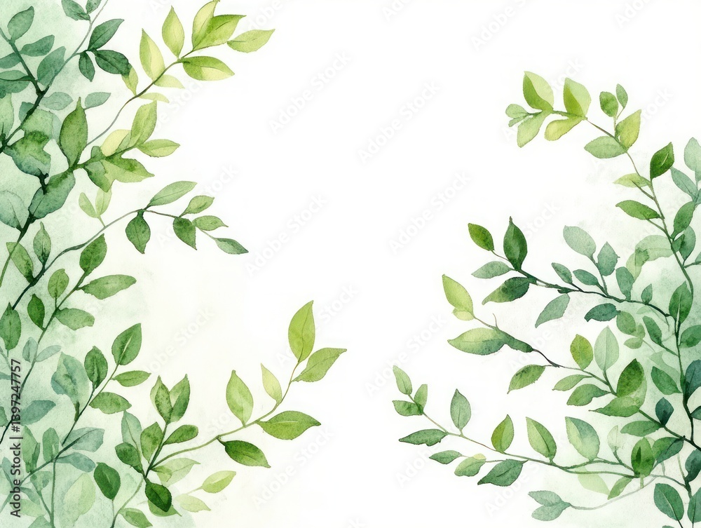 Obraz premium Watercolor Green Leaves Frame Illustration Natural Verdure Spring Summer Eco-Friendly