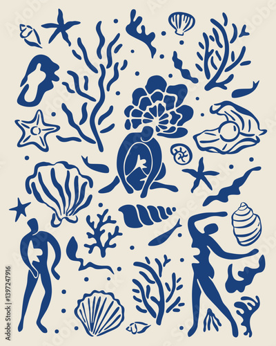 contemporary marine life icon set