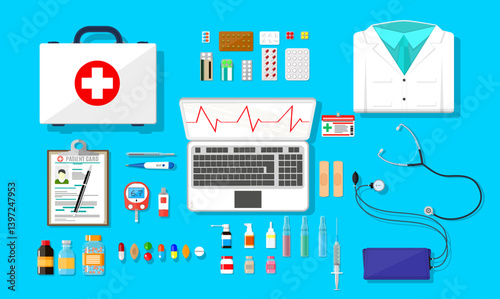 Medical elements for doctor work, diagnosis, healthcare concept. Medical instruments, laptop, patient card, lab coat, pills, syringe, stethoscope, for medical website, banner, poster
