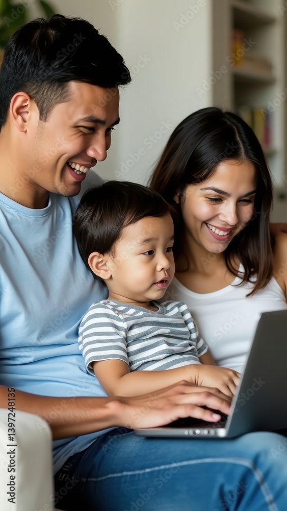 A happy family with kids sits together on a couch, engaged and smiling while using a laptop in a warm, inviting living room. A happy family with kids sits together on a couch, engaged and smiling while using a laptop in a warm, inviting living room.