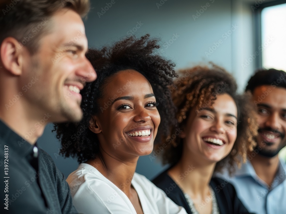 A friendly multiracial team engages in a corporate briefing, sharing laughter and joy. A friendly multiracial team engages in a corporate briefing, sharing laughter and joy.