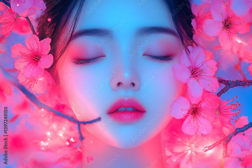 Fototapeta premium Gorgeous caucasian young woman surrounded by cherry blossoms. Commercial ad campaign conceptual art. Spring mood, golden hour in sunset. Woman enjoying cherry blossom aroma.