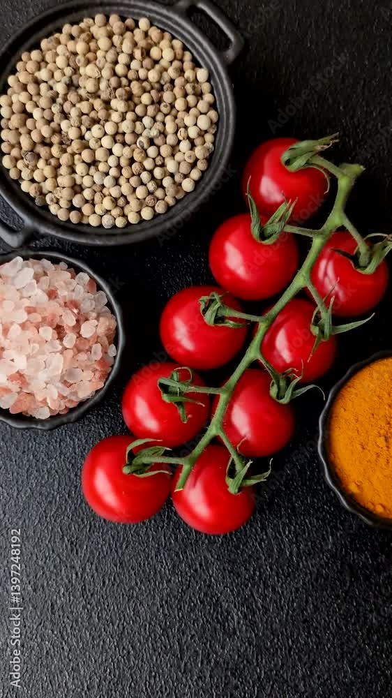 Red cherry tomatoes on a branch, a spiced vegetable as an ingredient for making sauces and ketchup Red cherry tomatoes on a branch, a spiced vegetable as an ingredient for making sauces and ketchup