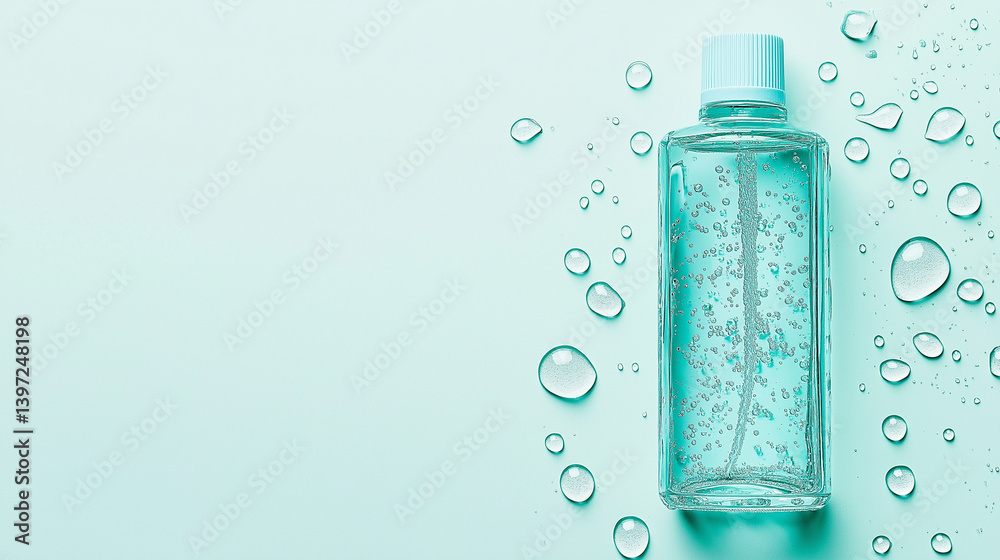 Refreshing Hydration: A crystal-clear bottle filled with invigorating liquid, accentuated by delicate water droplets, rests on a pristine surface. Refreshing Hydration: A crystal-clear bottle filled with invigorating liquid, accentuated by delicate water droplets, rests on a pristine surface.