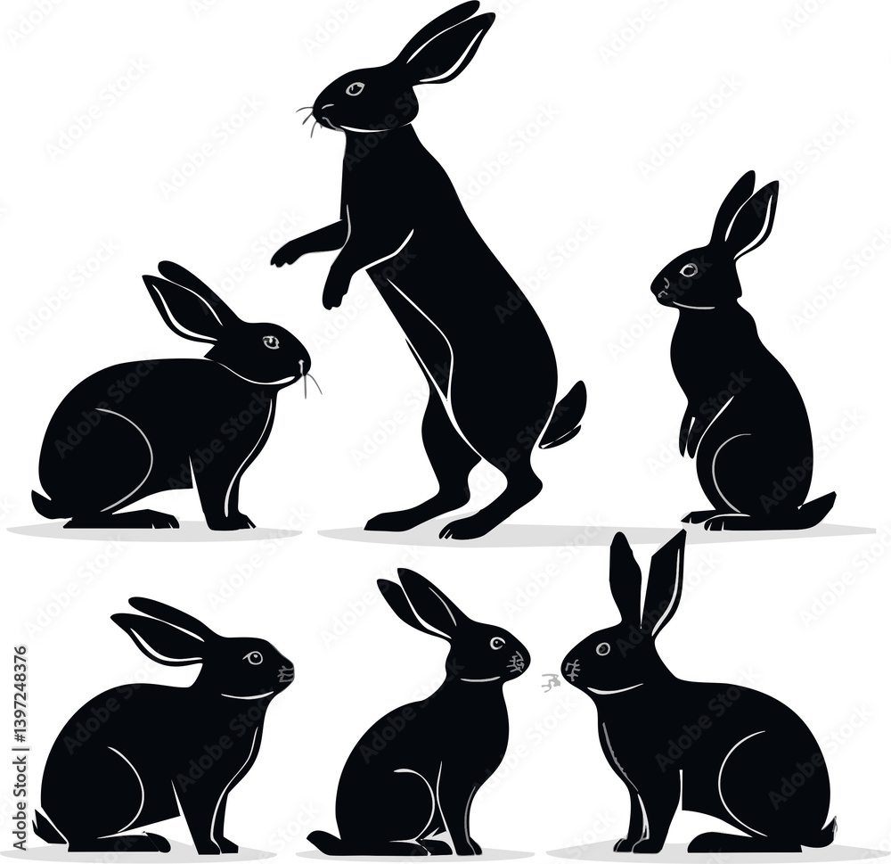 Obraz premium Rabbit silhouettes: Artistic representation of dynamic rabbits, elegantly illustrated in sleek black, showcasing the grace and agility of the animal in a creative depiction.