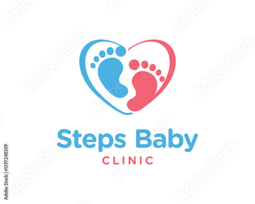 Steps Baby Footprint With Love Care For Children Medical Clinic Vector Logo Design Illustration