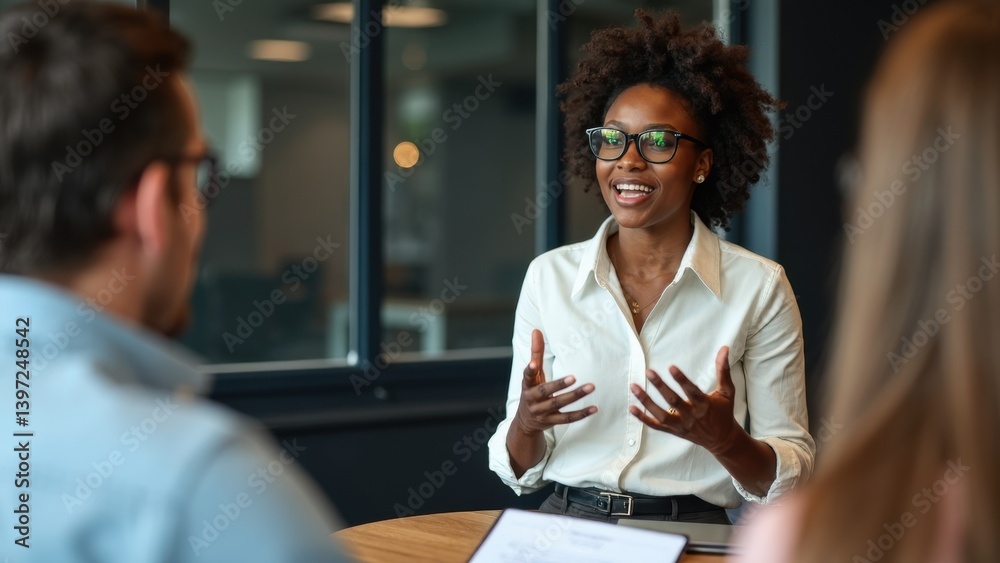 An enthusiastic black female employee engages her colleagues during a meeting, displaying confidence and passion while sharing ideas in a modern office setting.