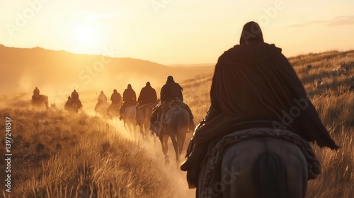 Medieval caravan traveling along a dusty road, guarded by armored knights and merchants carrying exotic goods