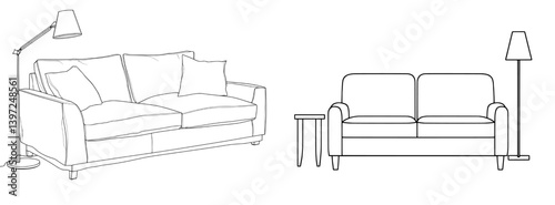 A modern hand-drawn silhouette clipart illustrates the interior of a living room in a house with a continuous one-line drawing of a sofa, coffee table, and lamp