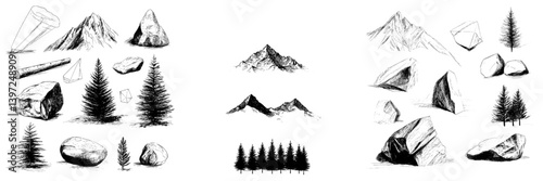 A contemporary collection of manually illustrated mountain ranges accompanied by pine forests