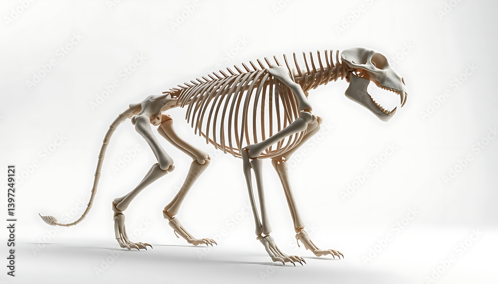 Feline Skeleton: An intricate skeletal framework of a majestic feline, revealing the hidden structure of its powerful physique, a compelling study in anatomy and the artistry of nature.
