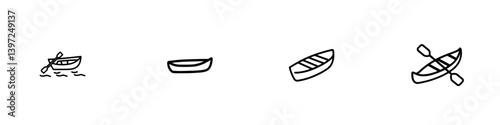 The illustration is a modern, hand-drawn, flat graphic of a boat icon, presented in a black contour silhouette with both top and side views, isolated on a white background
