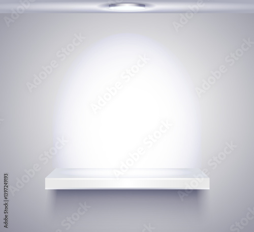 White shelf with the light from above for product placement and advertising. Display on wall illuminated by a ceiling lamp, modern empty showcase for presentation.